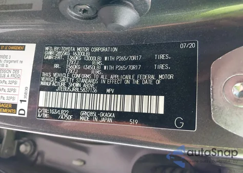 2020 Toyota 4Runner Sr5/Sr5 Premium/Venture/Limited/Night Shade/Trd Off Road/Trd Off Road Premium/Trd Pro from USA, damaged, VIN JTEBU5JR8L5837136